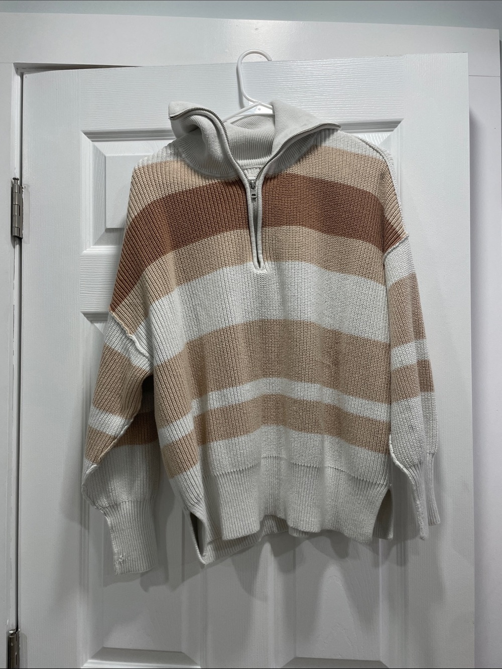 aerie woman’s Striped  Half-Zip Sweater in Cream and Tan